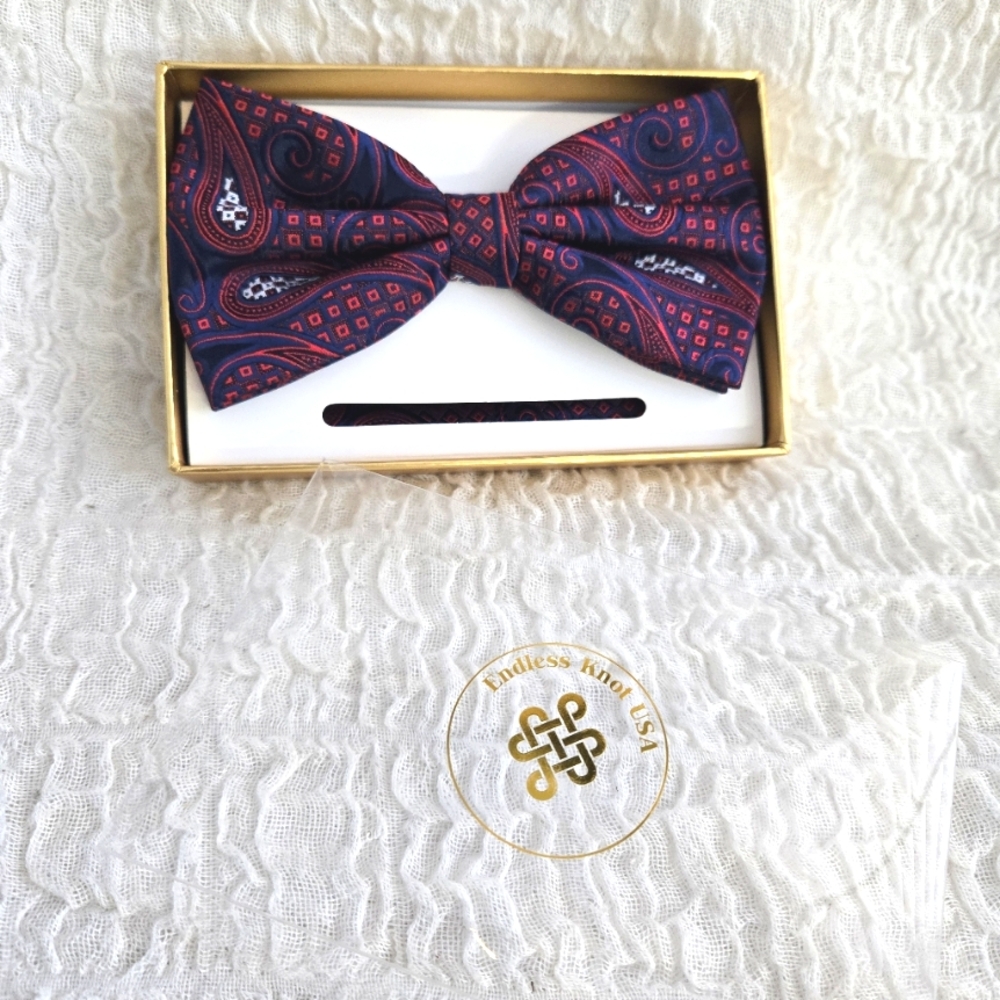 Men's Bow tie Paisley Pre-Tied Bowtie and Handkerchief Set Wedding Formal Party - Picture 3 of 6